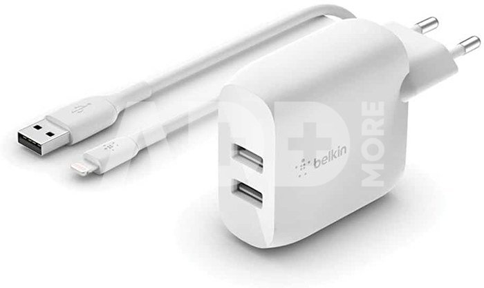 Belkin Dual USB-A Charger, 24W incl. Lightning Cable 1m, white