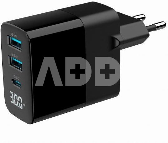 Gembird GaN Charger 2xUSB-A 1xC LCD 30W PD QC3.0 black