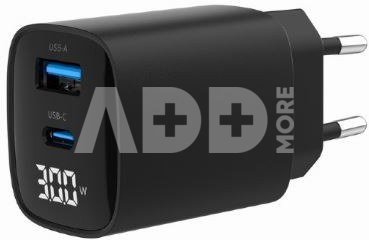Gembird GaN Charger USB-A USB-C LCD 30W PD QC3.0 black