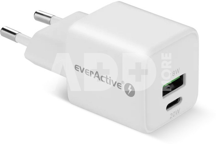 everActive PHONE CHARGER GAN 1X US B, 1X USB-C 20W WHITE