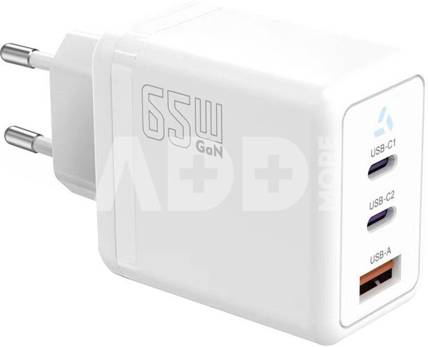 TB Charger 2x USB C + USB A Power Delivery white, GaN 65W