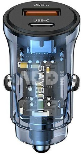 USAMS Car charger 30W 1xUSB+ 1xUSB-C Fast charge blu