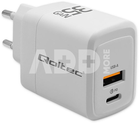 Qoltec GaN 35W charger 5V 20V 1.5A 3A,1xUSB C PD,1xUS