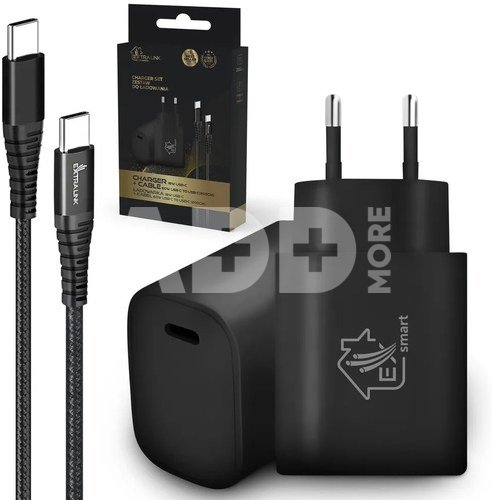 Extralink Smart Life USB Type-C to Type-C Kit, 200cm, Black + 18W PD3.0 Charger Black