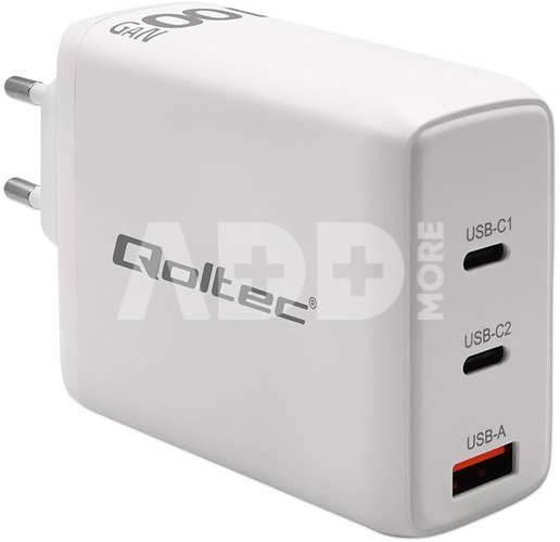 Qoltec GaN 100W charger,5V 20V 1.5A 3A,2xUSBC PD,1xUSB