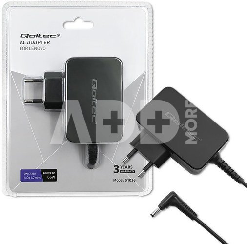 Qoltec Power adapter for Lenovo 65W, 20V, 3.25A, 4.0x1.