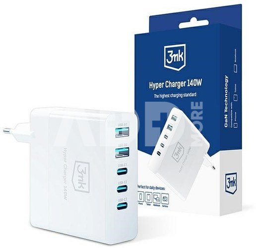3MK Charger 140W 3xUSB-C + 2xUSB-A GaN PD QC
