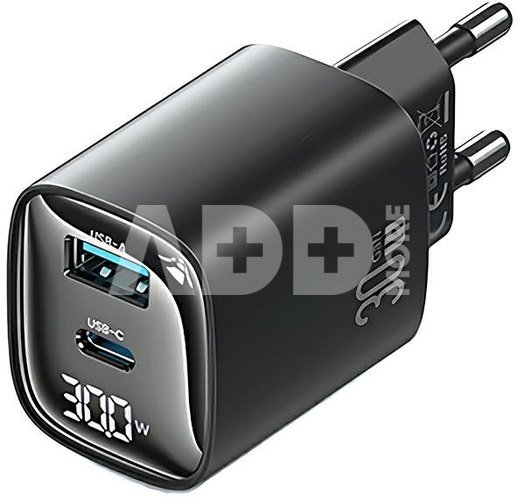 USAMS Charger 30W GaN LED USB+USB-C CC229 Black