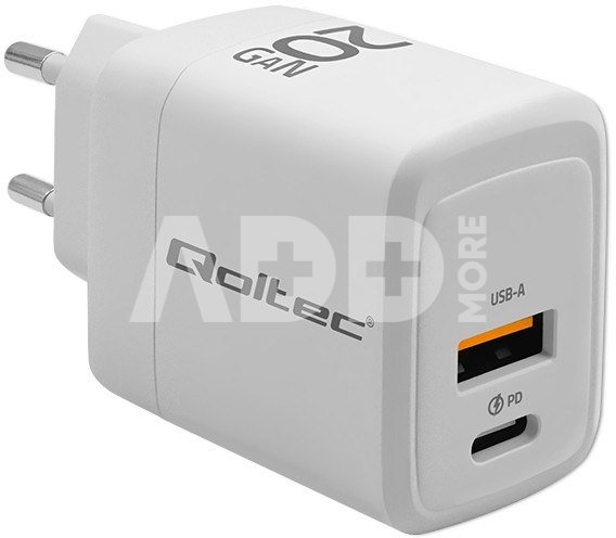 Qoltec GaN 20W charger,5V 20V 1.5A 3A,1xUSB C PD,1xUS