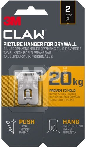 3M CLAW HOOK FOR DRYWALL, HOLD 20 KG, 2 HOOKS