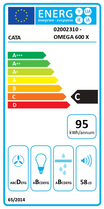 Gartraukis CATA OMEGA 600 X/M, montuojamas ant sienos, energijos efektyvumo klasė C, plotis 60 cm, 645 m³/h, mechaninis valdymas, LED, nerūdijančio plieno.