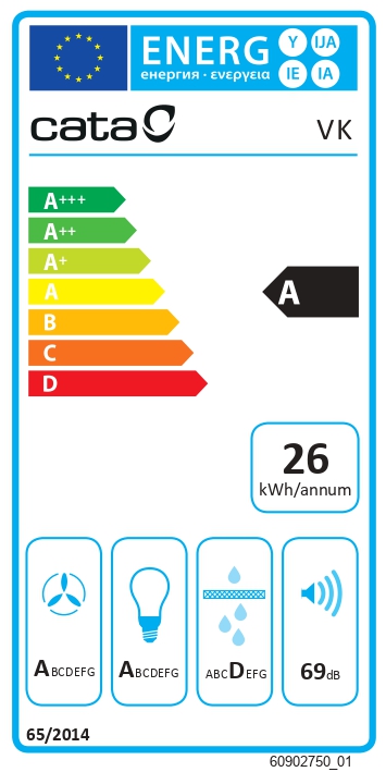 Gartraukis CATA VK 6000, montuojamas ant sienos, energijos efektyvumo klasė A, plotis 60 cm, 398 m³/h, mygtukai, CSLED, balta.