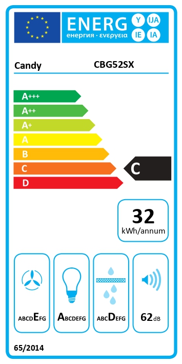 Gartraukis Candy CBG52SX, energijos efektyvumo klasė C, plotis 52 cm, 168 m³/h, mechaninis, LED, sidabrinis