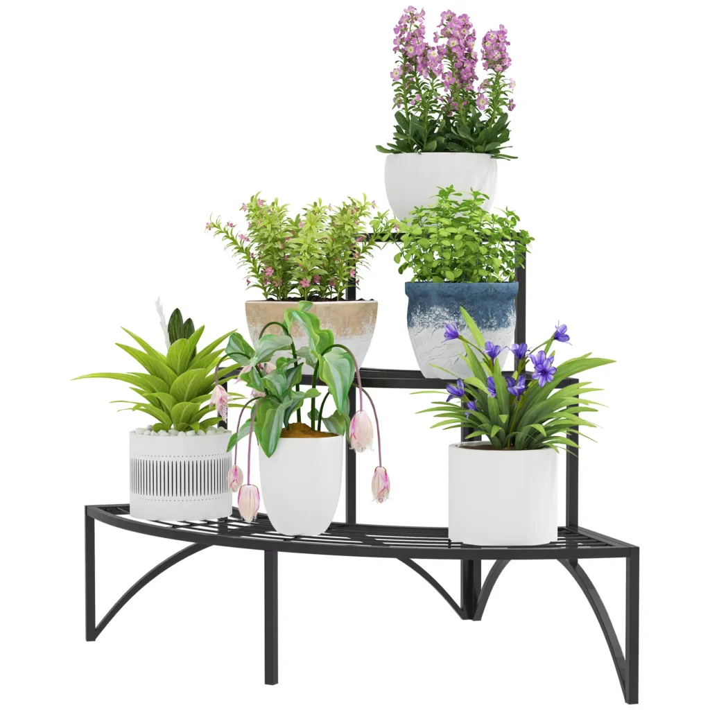 "Outsunny" 3 pakopų augalų stovas, gėlių stovas vidaus patalpoms lauke, metalinis augalų stovas, daugiapakopis gėlių stovas, 60 cm aukščio gėlių laiptai kambariui, sodo balkono apdailai, juodos spalvos