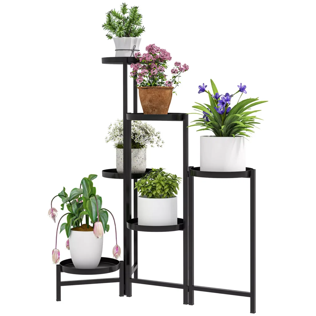 "Outsunny" 6 pakopų augalų stovas su padėklais, sulankstomas gėlių stovas patalpoms, metalinis augalų stovas, daugiapakopis gėlių stovas, 80 cm aukščio gėlių laiptų kolonėlė sodo balkonui, juoda
