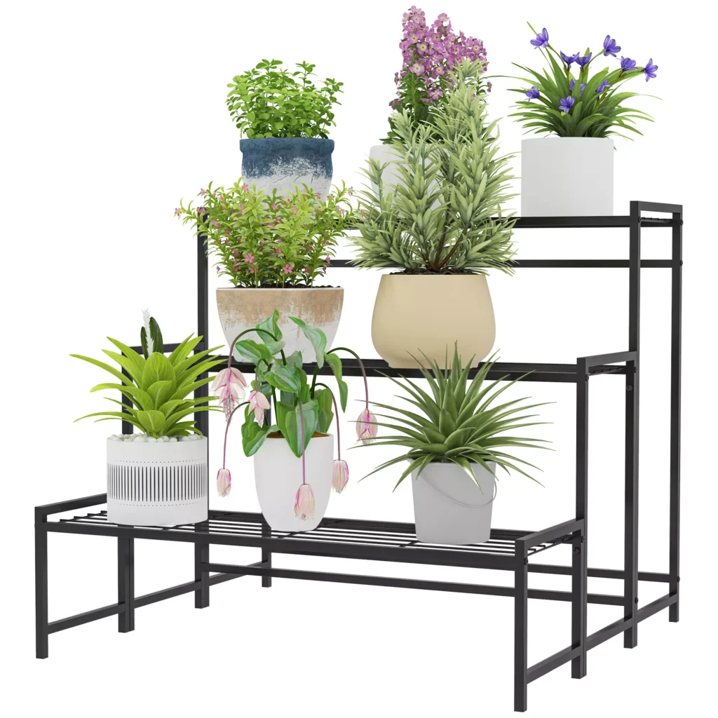 "Outsunny" 3 pakopų augalų stovas, gėlių stovas patalpoje lauke, metalinis augalų stovas, daugiapakopis gėlių stovas, 66 cm aukščio gėlių laiptai gyvenamajame kambaryje, sodo balkono apdaila, juoda