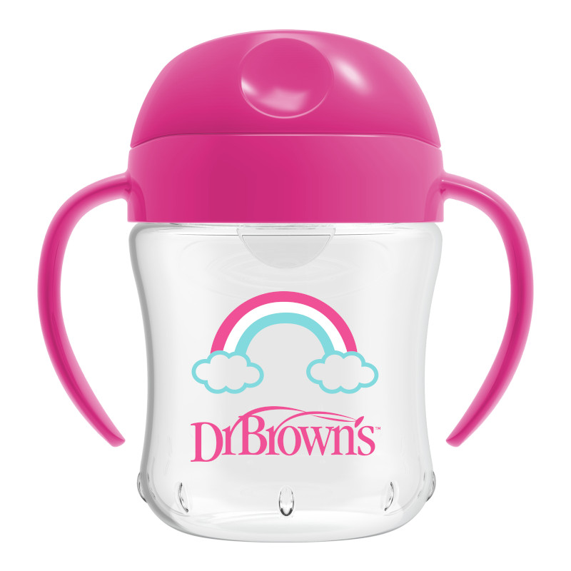 DR. BROWN'S 180 ml mokomoji gertuvė su rankenėlėmis PINK, 6+ mėn.