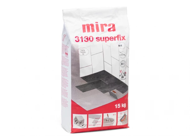 Plytelių klijai Mira 3130 SUPERFIX, visų dydžių plytelėms, aukščiausio elastingumo C2TE S2, 15KG