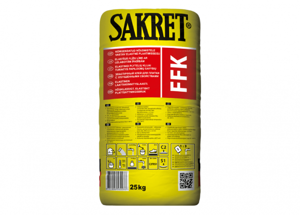 Plytelių klijai Sakret FFK, elastingi, išorei ir vidui, C2TES1, pilki, 25kg
