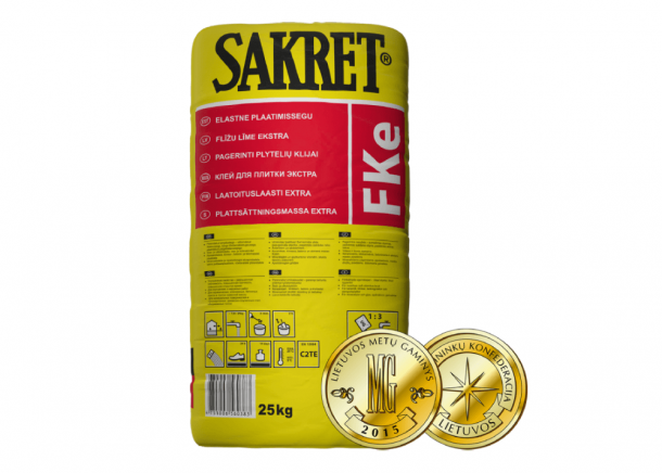 Plytelių klijai Sakret FKe, pagerinti, išorės-vidaus apdailai, C2TE, pilki, 25kg
