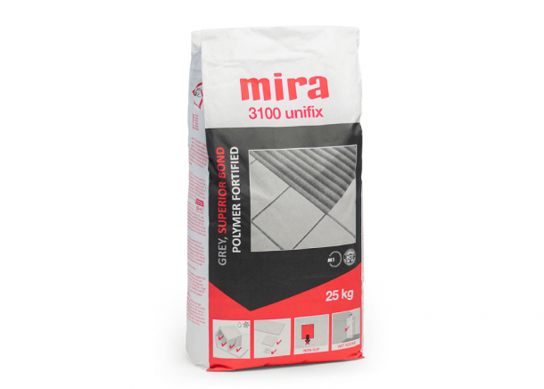 Plytelių klijai Mira 3100 UNIFIX, pagerinti, išorei ir vidui, C2T, pilki, 25kg
