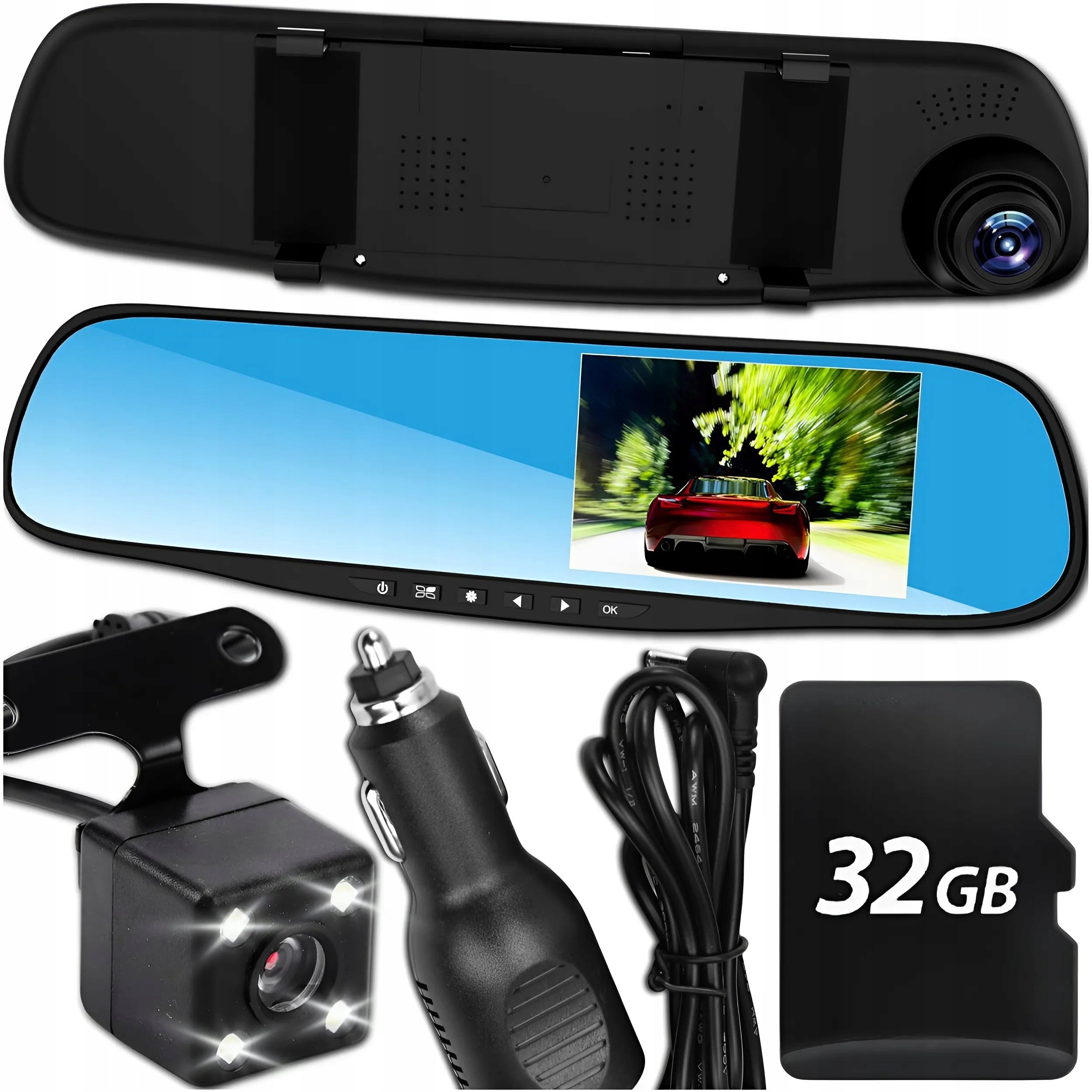 Vaizdo registratorius veidrodėlyje su priekine ir galine kamera – Full HD + 32 GB kortelė