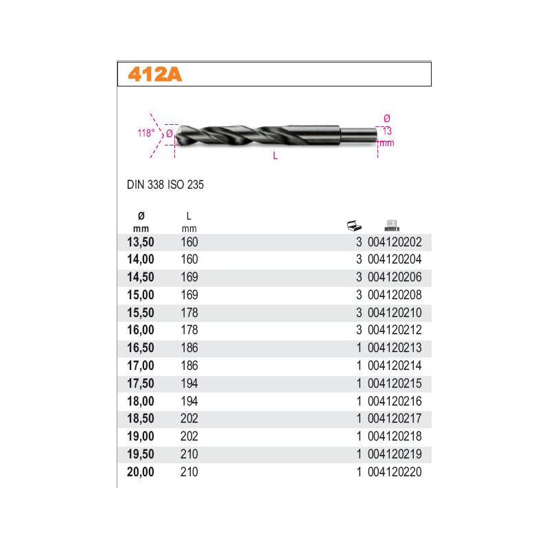 412A-16.5 BETA CYLINDRIC DRILL HSS 16,50mm ...