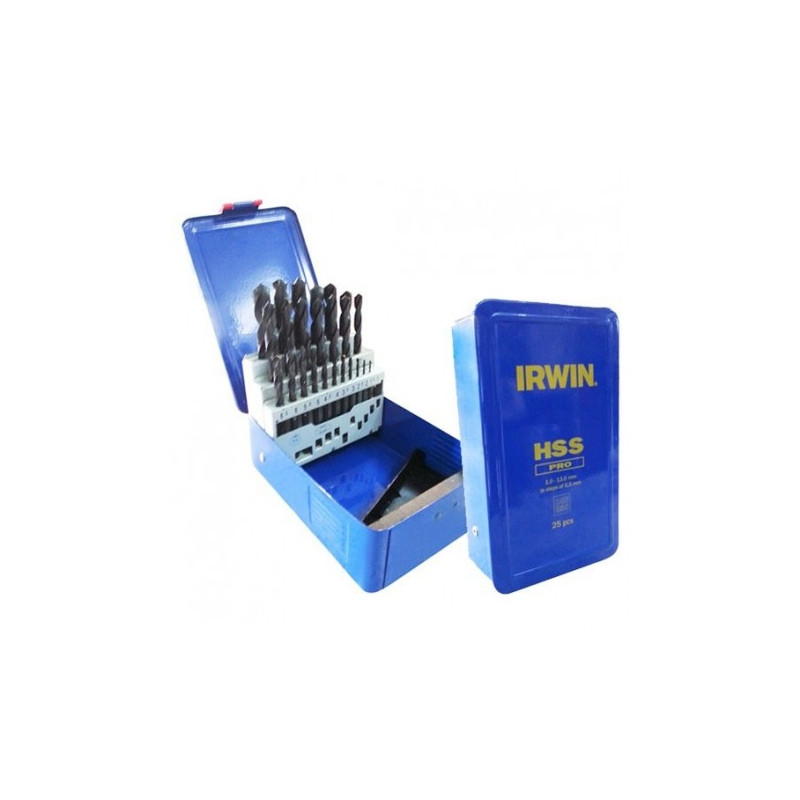 10502504 IRWIN METAL HSS grąžtai DIN-338 KPL.25 vnt. 1,0 - 13,0 mm 0,5 mm žingsniu
