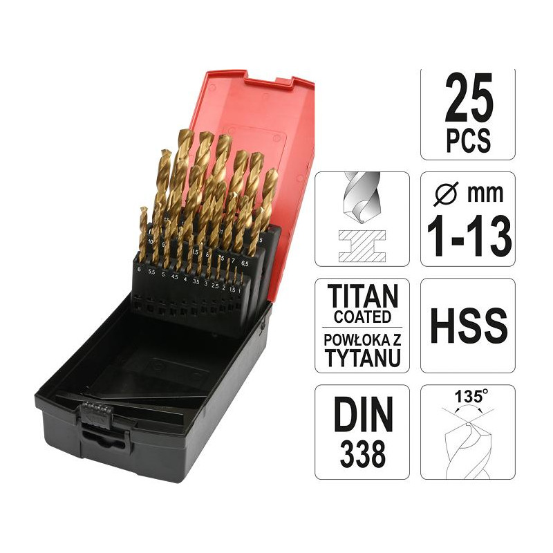 YT-44676 YATO METALINIŲ VIRTULIŲ RINKINYS HSS-TiN 25vnt. 1-13mm