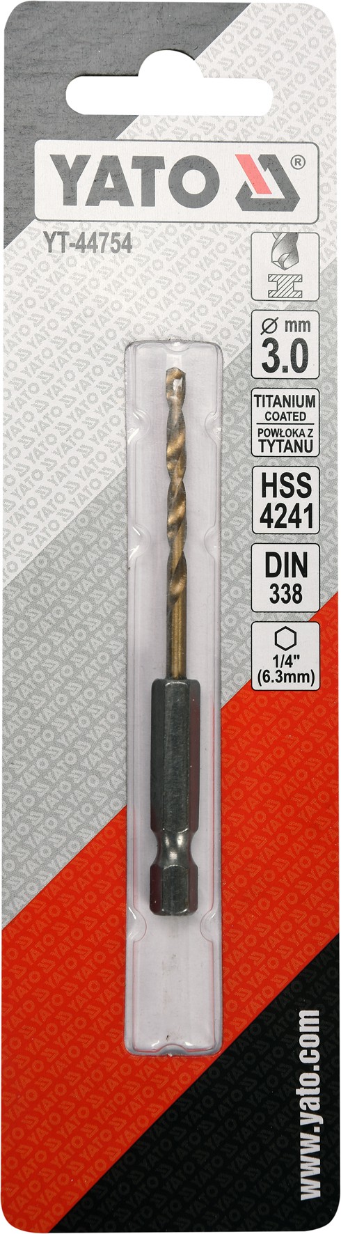 Grąžtas metalui su Hex 6.3 mm (1/4") galu HSS-TiN | 3.0 mm (YT-44754)