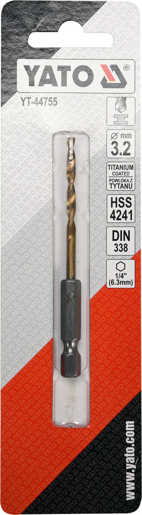 Grąžtas metalui su Hex 6.3 mm (1/4") galu HSS-TiN | 3.2 mm (YT-44755)