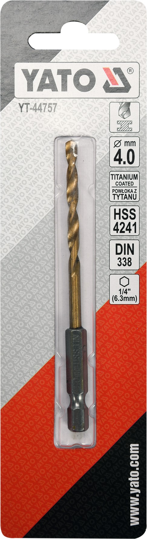 Grąžtas metalui su Hex 6.3 mm (1/4") galu HSS-TiN | 4.0 mm (YT-44757)