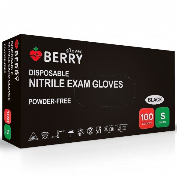Vienkartinės nitrilinės pirštinės Berry Black S, juodos