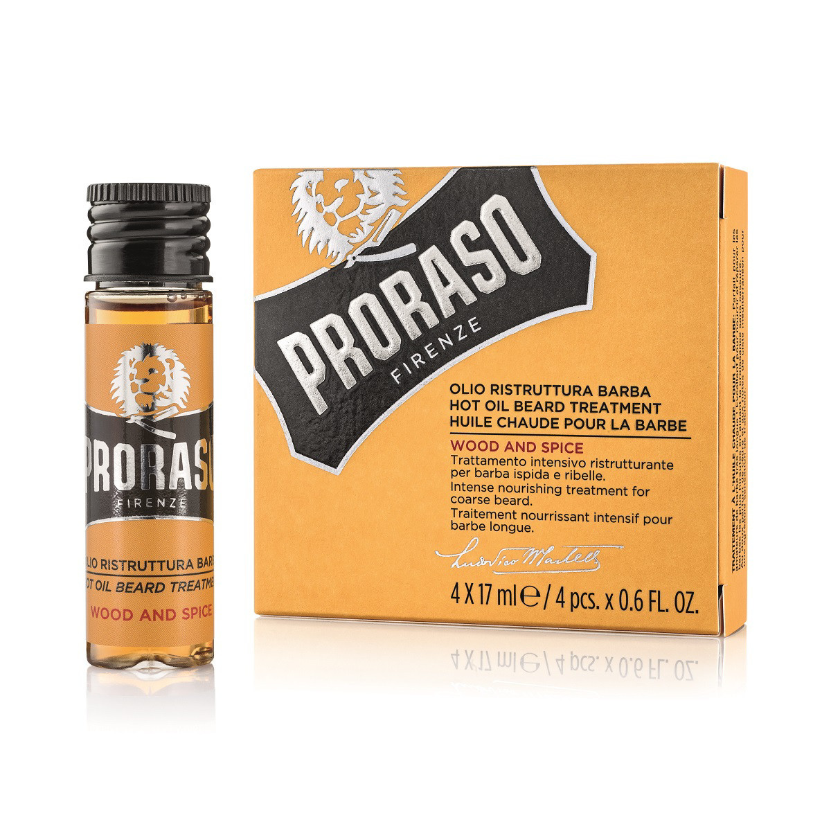 PRORASO WOOD & SPICE HOT OIL TREATMENT, karštas aliejus barzdos priežiūrai, 4x17ml