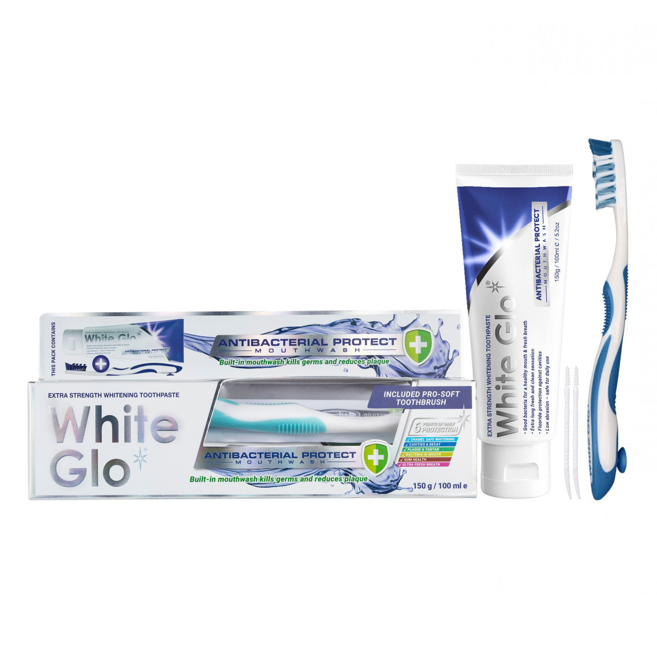WHITE GLO ANTIBACTERIAL PROTECT ypač stipraus poveikio balinamoji dantų pasta 150 g + dantų šepetėlis