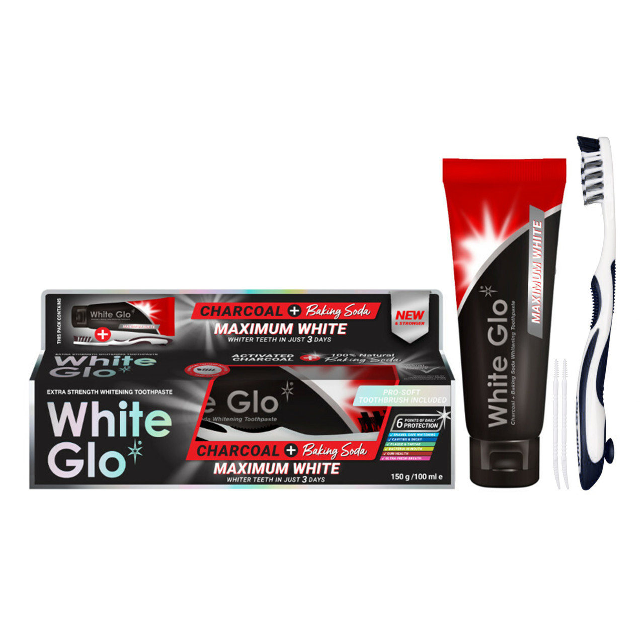 WHITE GLO CHARCOAL + BAKING SODA balinamoji dantų pasta su aktyvuota anglimi ir soda, 150 g + dantų šepetėlis