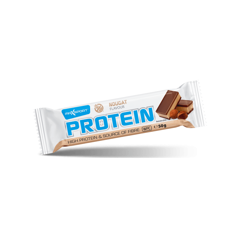 Baltyminis batonėlis be gliuteno su nugato skoniu ir pieniniu šokoladu Maxsport, 50 g
