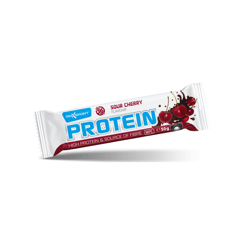 Baltyminis batonėlis su vyšnių skoniu kakavos glazūroje, be gliuteno, Maxsport 50 g