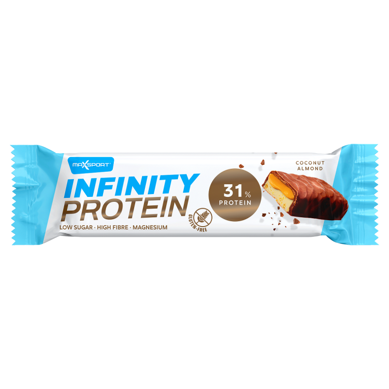 Baltyminis batonėlis su karamelės, kokoso ir migdolų skoniu pieninėje šokolade, be gliuteno, Maxsport 55 g