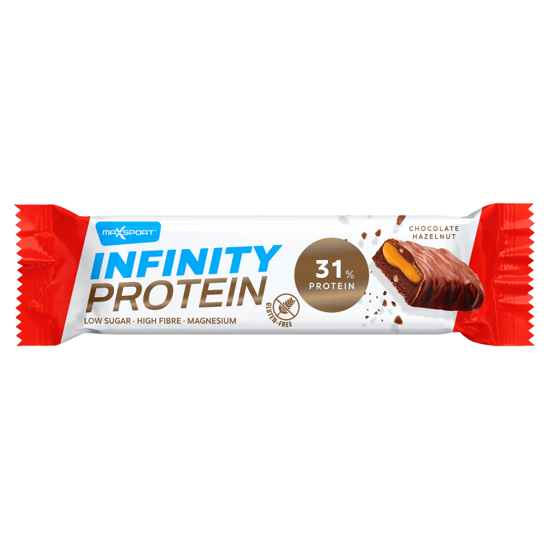 Baltyminis batonėlis su karamele ir lazdynų riešutais, pieniniame šokolade, be gliuteno – MAXSPORT, 55 g