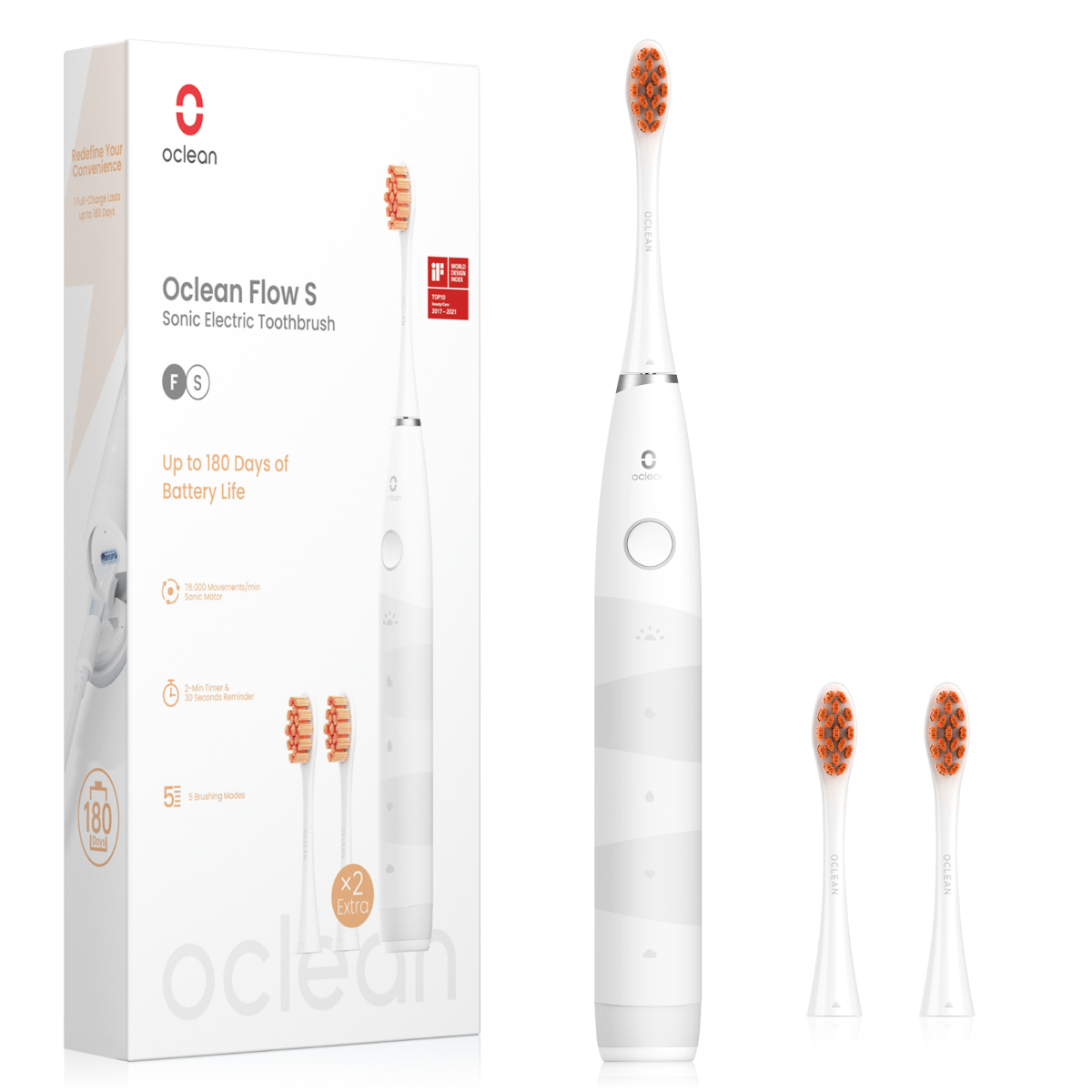 OCLEAN FLOW S, elektrinis dantų šepetėlis, baltos spalvos, 1 vnt.