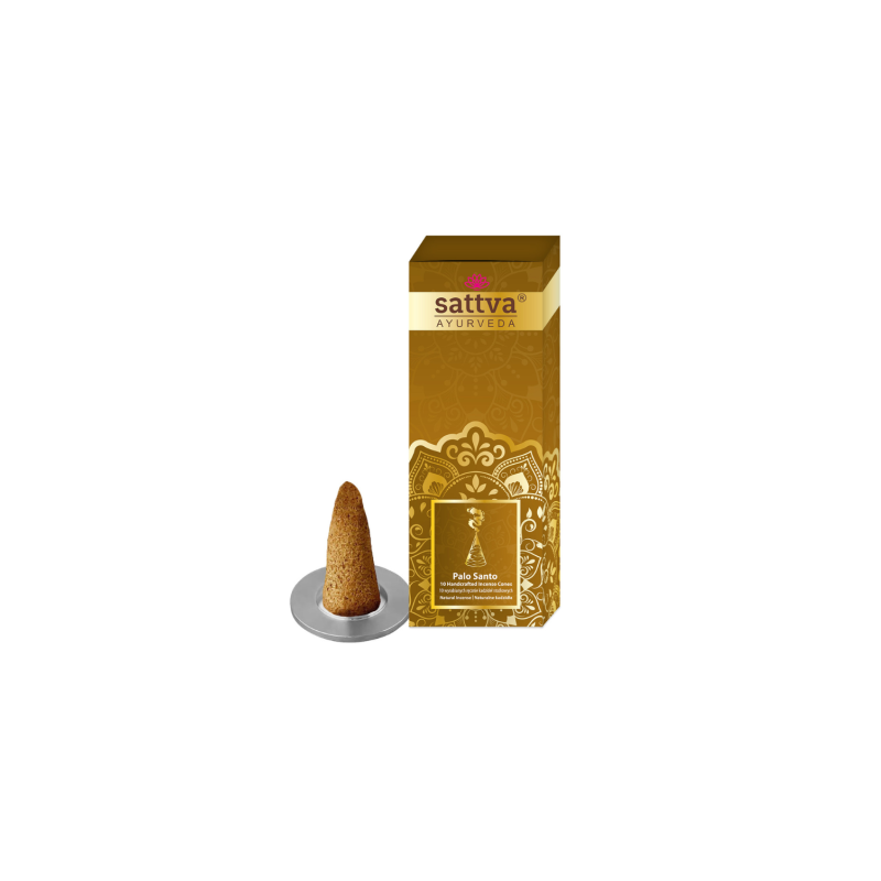 Rankų darbo indiški smilkalai kūgeliais PALO SANTO (10 vnt., 20 g) – SATTVA Ayurveda