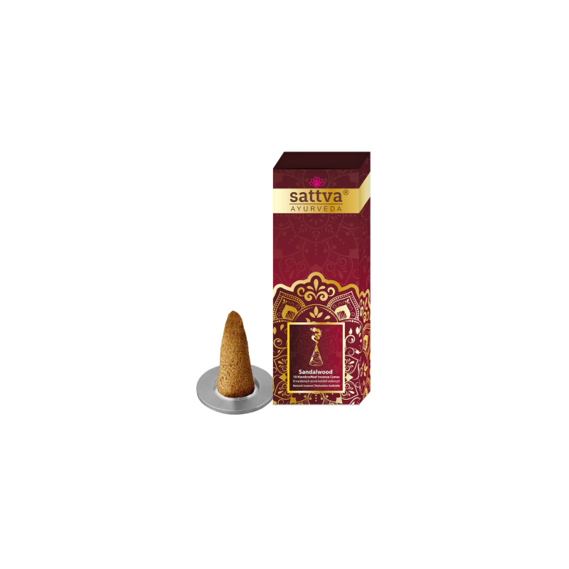 Rankų darbo indiški sandalmedžio smilkalai kūgeliais (10 vnt., 20 g) – SATTVA Ayurveda