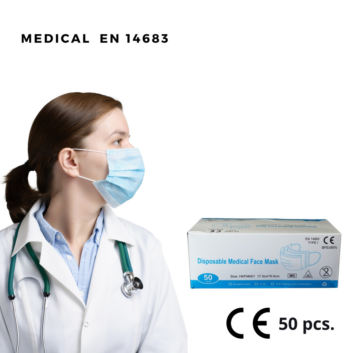MEDICININĖS VIENKARTINĖS MĖLYNOS VEIDO KAUKĖS (50 VNT.)
