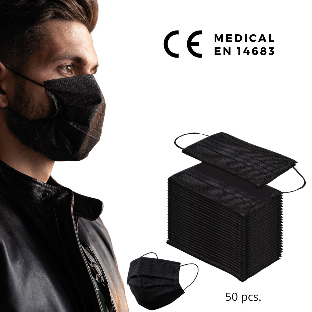 MEDICININĖS VIENKARTINĖS JUODOS VEIDO KAUKĖS (50 VNT.)