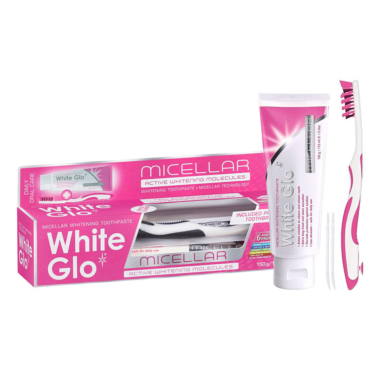 WHITE GLO MICELLAR WHITENING balinamoji micelinė dantų pasta, 150 g + dantų šepetėlis