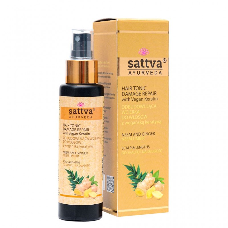 Natūralus plaukų tonikas „Damage Repair“ su veganišku keratinu, Neem ir imbieru 100 ml – SATTVA