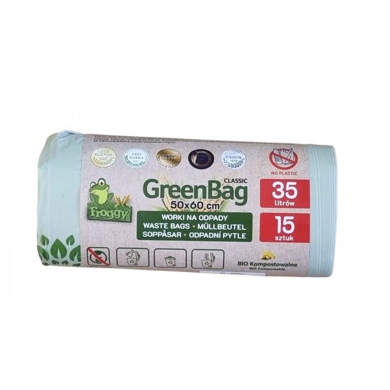 Kompostuojami ir biologiškai skaidūs šiukšlių maišai 35 L, 15 vnt – FROGGY (GREENBAG)