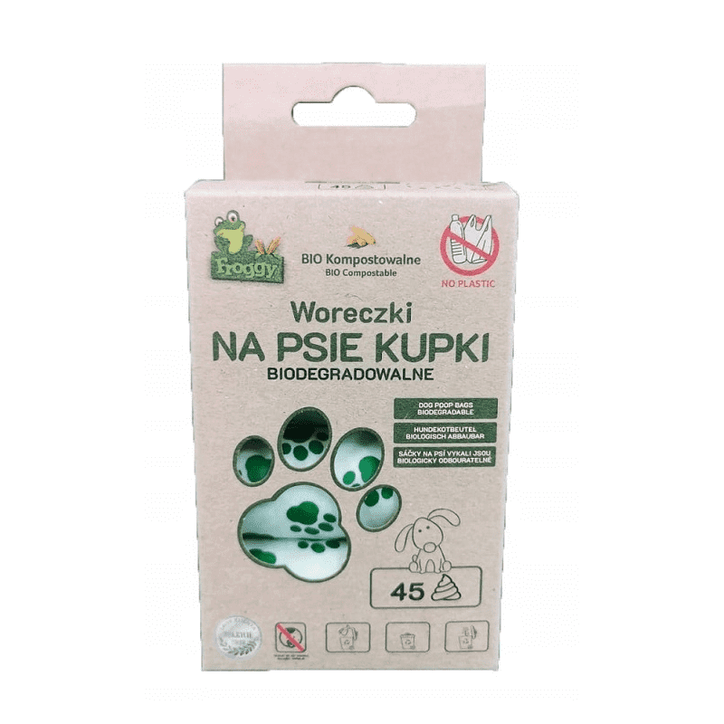 Ekologiški šuns ekskrementų maišeliai, biologiškai skaidūs – 3 vnt/45 maišelių, FROGGY