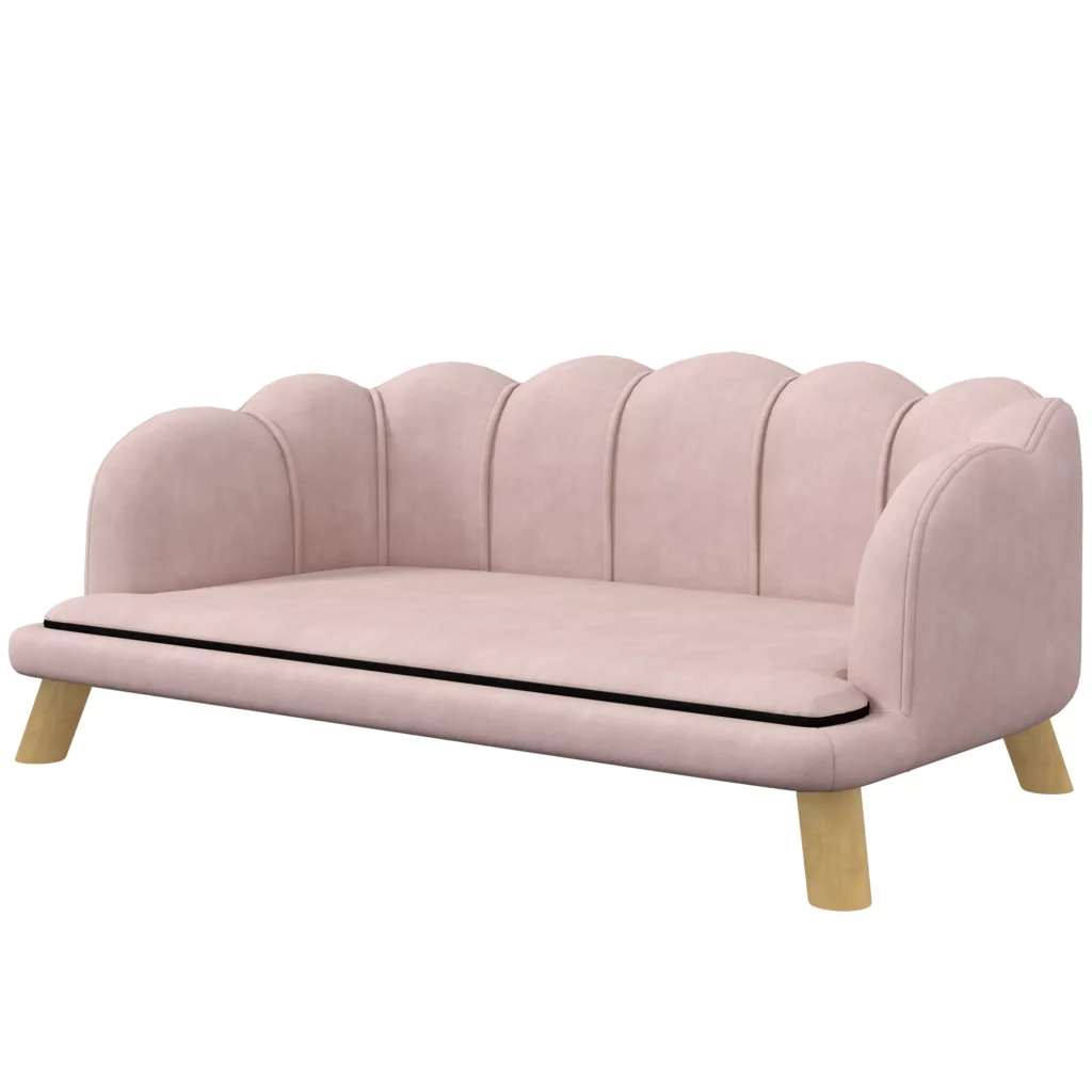 Sofa augintiniams, skalbiamas užvalkalas su atlošu ir medinėmis kojomis, iki 25 kg, rožinė 98,5 x 60,5 x 35,5 cm